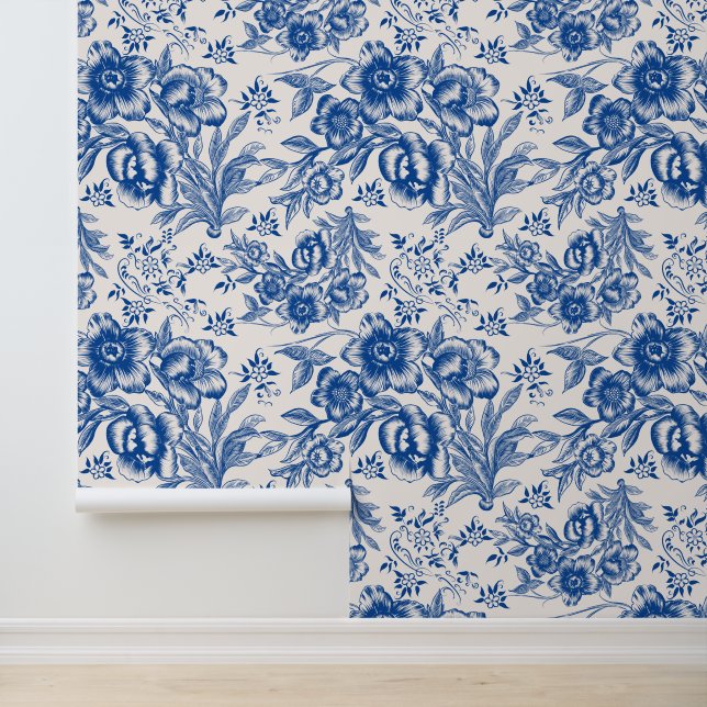 Elegant blue and white chinoiseries floral pattern wallpaper (Application)
