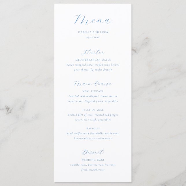 Elegant Blue and White Coastal Chic Wedding Menu (Front)