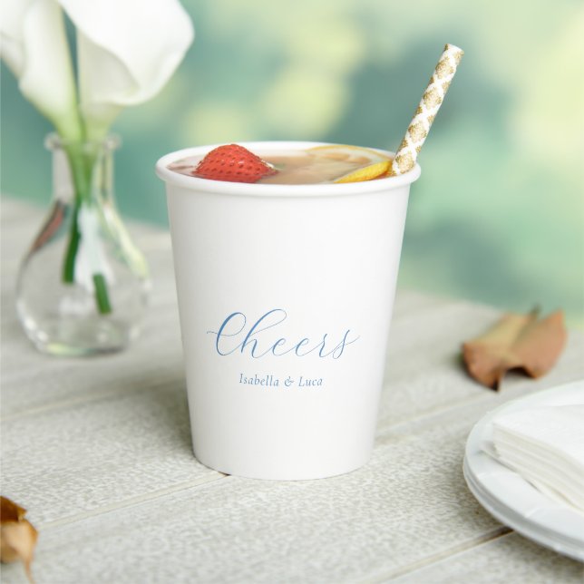 Elegant Blue and White Coastal Chic Wedding Paper Cups (Insitu)