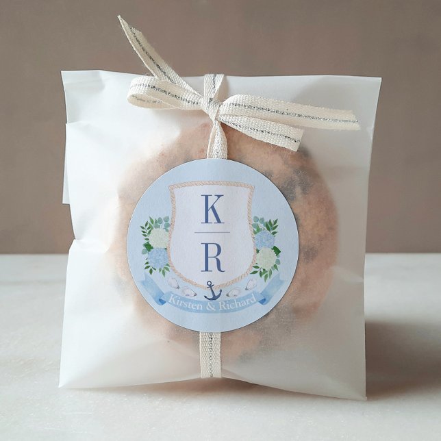 Elegant Blue And White Coastal Monogram Wedding Classic Round Sticker (Elegant Hand Painted Blue And White Coastal Monogram Crest Wedding Favor Stickers)
