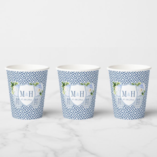 Elegant Blue And White Couples Crest Bridal Shower Paper Cups (Multi)