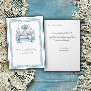 Elegant Blue and White Crib Baby Boy Baptism Card