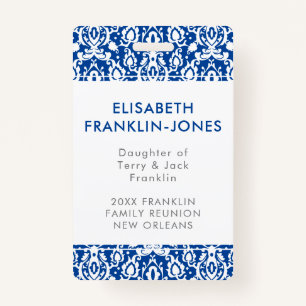 Elegant Blue and White Damask Family Reunion Badge