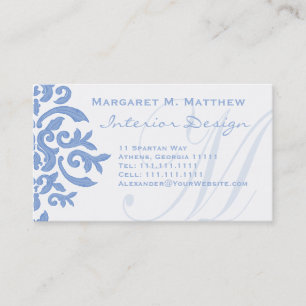 Elegant Blue and White Damask Letter M Business Card