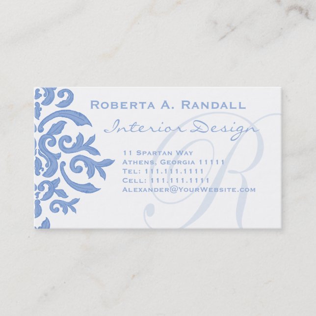 Elegant Blue and White Damask Letter R Business Card (Front)