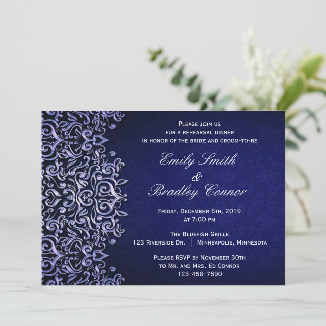 Elegant Blue and White Damask Rehearsal Dinner Invitation (Standing Front)