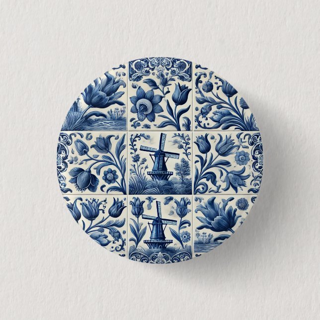 Elegant Blue and White Delft Tile 1 Inch Round Button (Front)