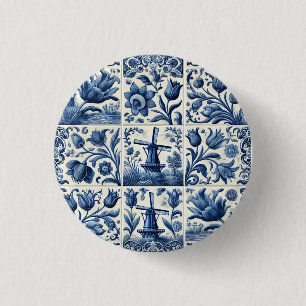 Elegant Blue and White Delft Tile 1 Inch Round Button