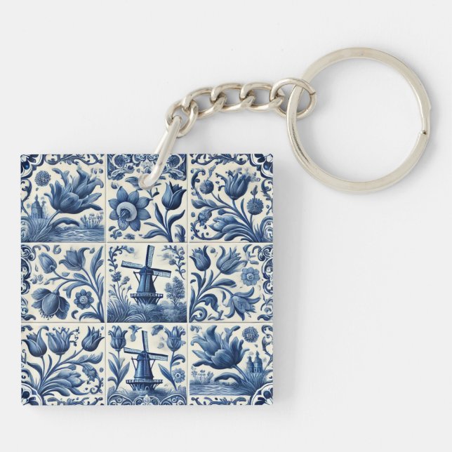 Elegant Blue and White Delft Tile Keychain (Back)