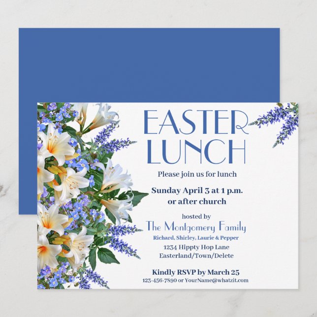 Elegant Blue and White Easter Lunch Invitation (Front/Back)