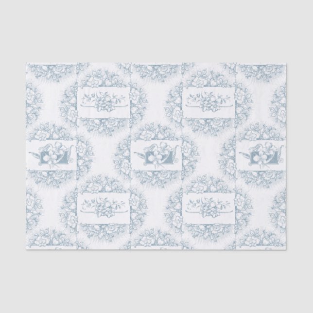 Elegant Blue and White Engraved Floral  Tissue Paper (Front)