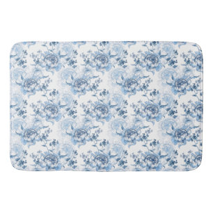 Elegant Blue and White Engraved Peonies Bath Mat