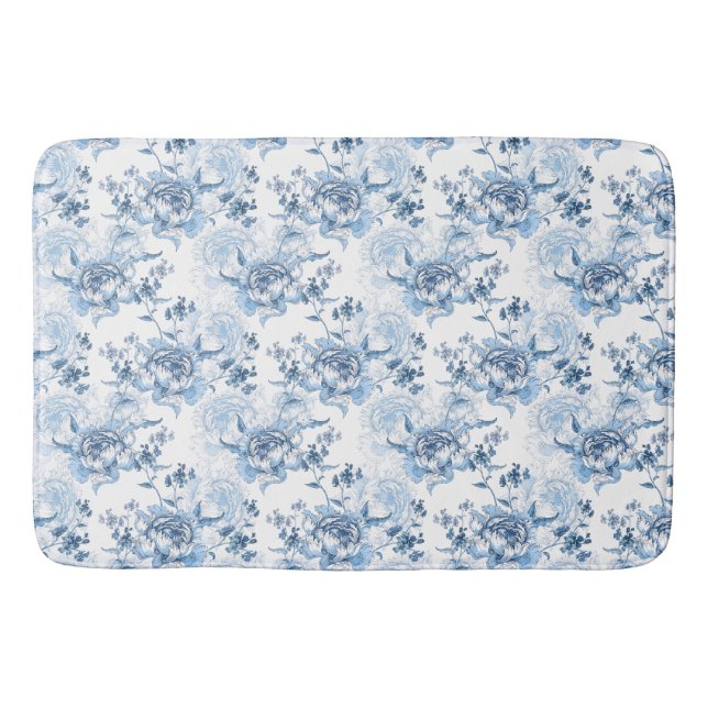 Elegant Blue and White Engraved Peonies Bath Mat (Front)