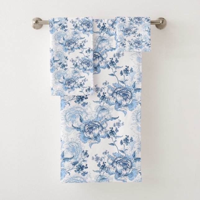 Elegant Blue and White Engraved Peonies Bath Towel Set (Insitu)