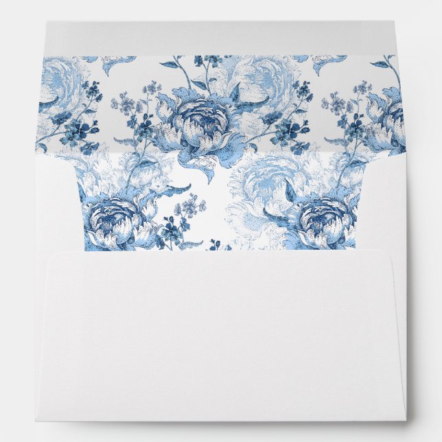 Elegant Blue and White Engraved Peonies Envelope (Back (Bottom))