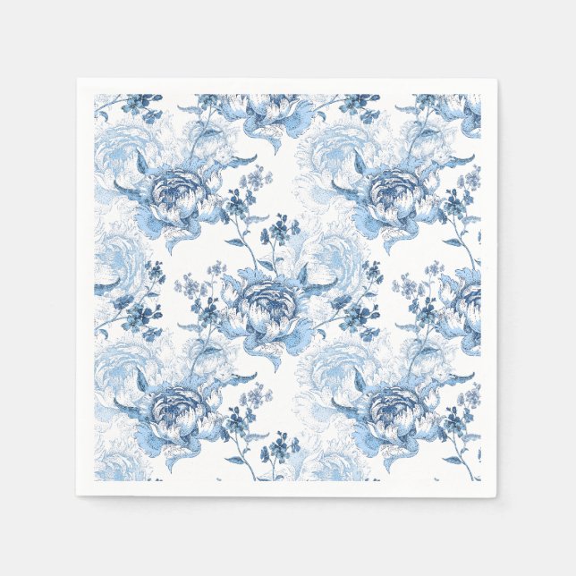 Elegant Blue and White Engraved Peonies Napkin (Front)