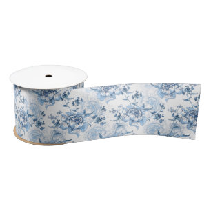 Elegant Blue and White Engraved Peonies Satin Ribbon