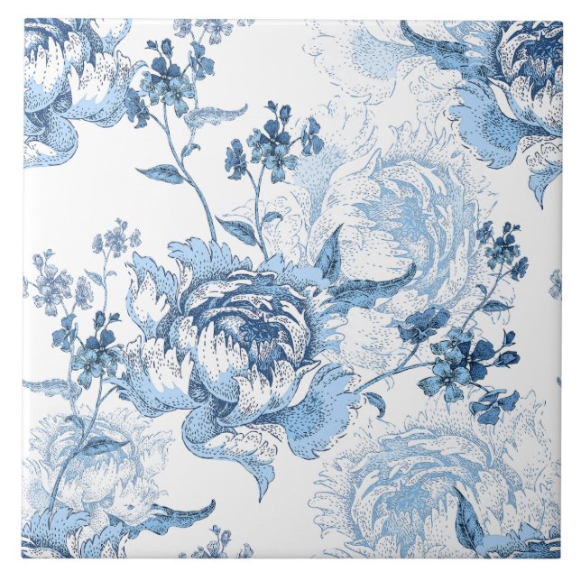 Elegant Blue and White Engraved Peonies Tile (Front)