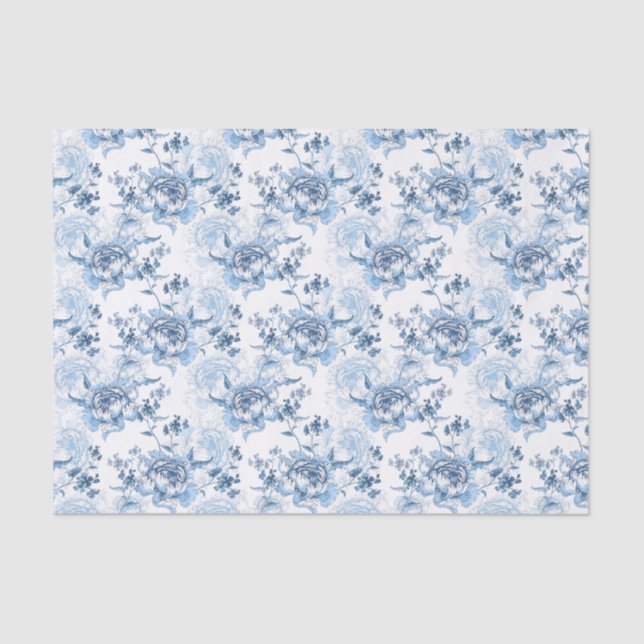 Elegant Blue and White Engraved Peonies Tissue Paper (Front)