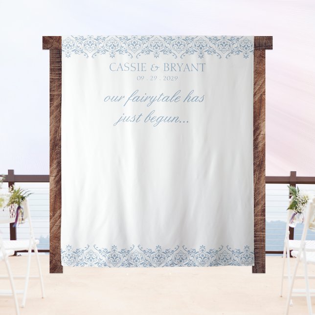 Elegant Blue and White Fairytale Wedding Backdrop Tapestry (elegant blue and white wedding tapestry backdrop with personalized saying bride groom names and date)