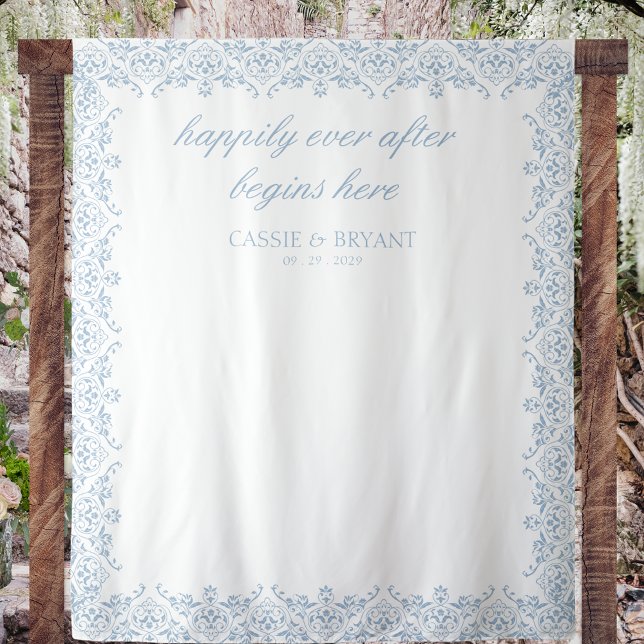 Elegant Blue and White Fairytale Wedding Backdrop Tapestry (elegant happily ever after personalized wedding tapestry backdrop blue and white bride groom names)