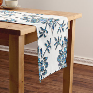 Elegant Blue and White Floral Crystal Table Runner