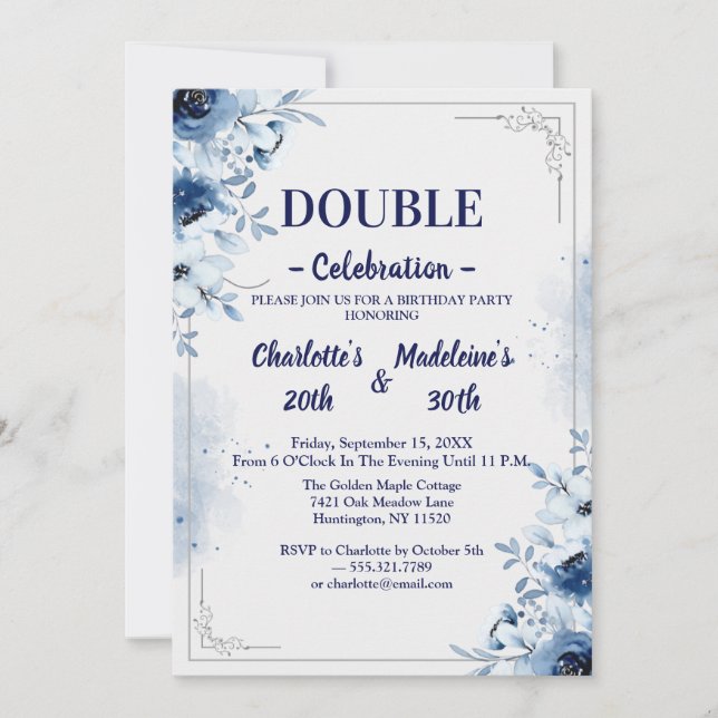 Elegant Blue and White Floral Joint Birthday Invitation (Front)