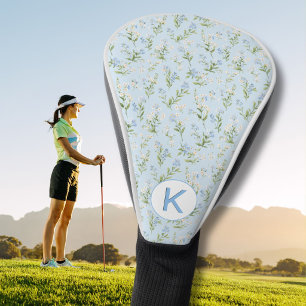 Elegant Blue and White Floral Pattern Monogram Golf Head Cover