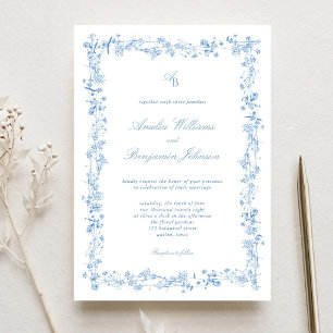 Elegant Blue and White Floral Wedding Invitation