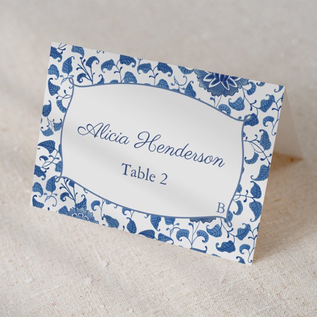 Elegant Blue And White Floral Wedding Place Card (Individual place card design featuring hand-painted blue and white chinoiserie pattern)