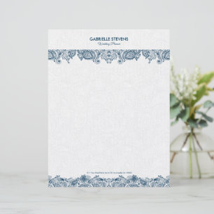 Elegant Blue And White FlorPaisley Lace Letterhead