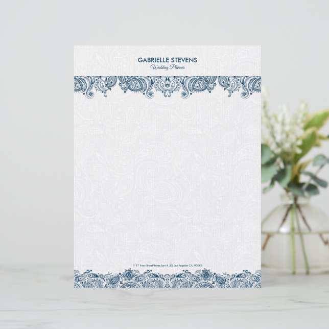 Elegant Blue And White FlorPaisley Lace Letterhead (Standing Front)