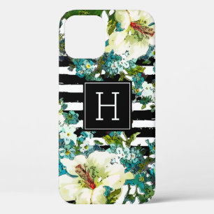 Elegant Blue and White Flowers with Monogram iPhone 12 Case