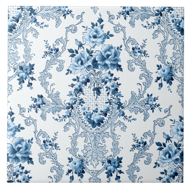 Elegant Blue and White French Rococo Floral Tile (Front)