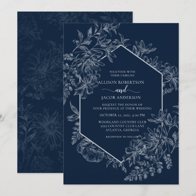Elegant Blue and White Geometric Floral Wedding Invitation (Front/Back)