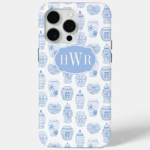 Elegant Blue And White Ginger Jar Monogrammed iPhone 15 Pro Max Case