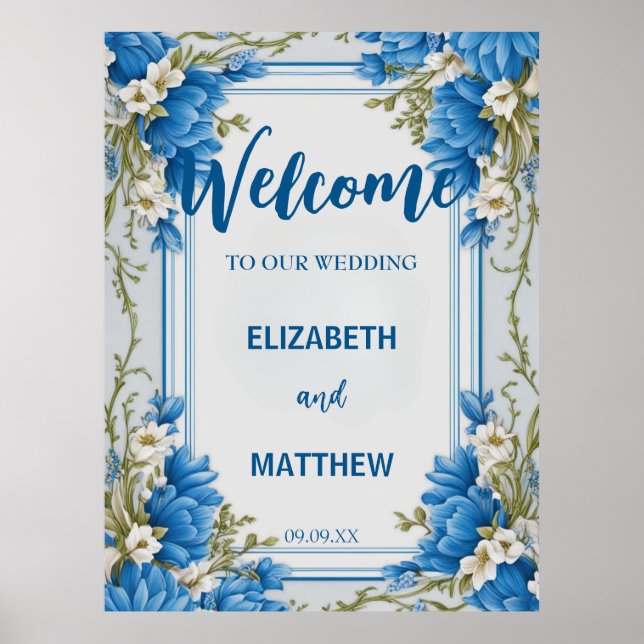 Elegant blue and white Hydrangea flower Wedding Poster (Front)