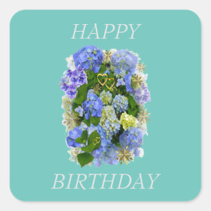 ELEGANT BLUE AND WHITE  HYDRANGEA HAPPY BIRTHDAY  SQUARE STICKER