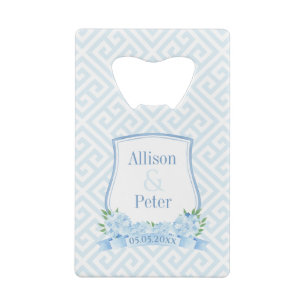 Elegant Blue And White Hydrangea Wedding Crest Credit Card Bottle Opener