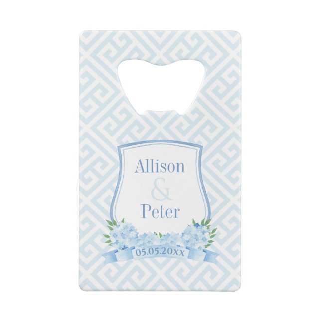 Elegant Blue And White Hydrangea Wedding Crest Credit Card Bottle Opener (Back)