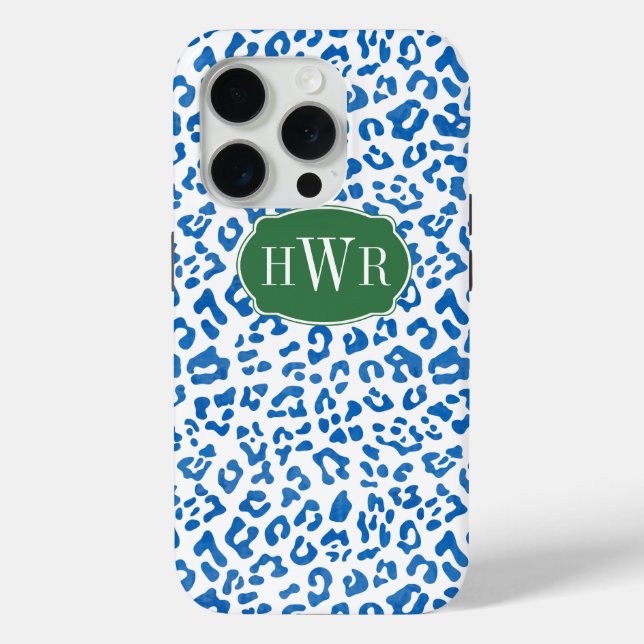 Elegant Blue And White Leopard Print Monogrammed Case-Mate iPhone Case (Back)