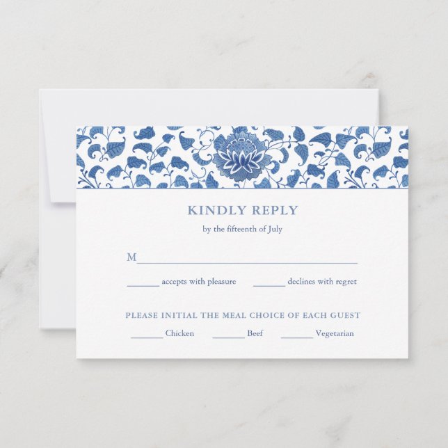 Elegant Blue And White Meal Options Wedding RSVP (Back)