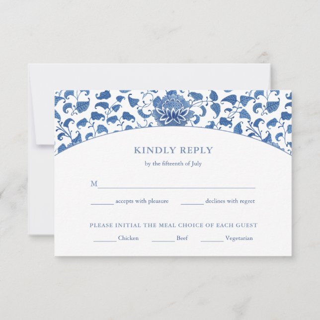 Elegant Blue And White Meal Options Wedding RSVP Card (Back)
