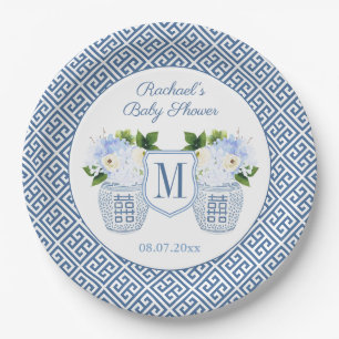 Elegant Blue And White Monogram Floral Baby Shower Paper Plate
