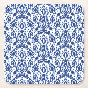 Elegant Blue and White Moroccan Style Damask Square Paper Coaster
