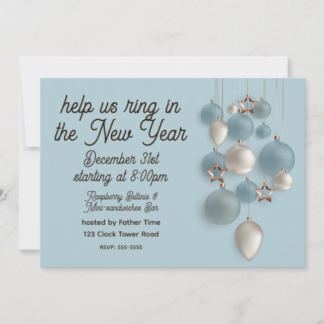 Elegant Blue and White Ornaments New Year's Eve Invitation (Front)