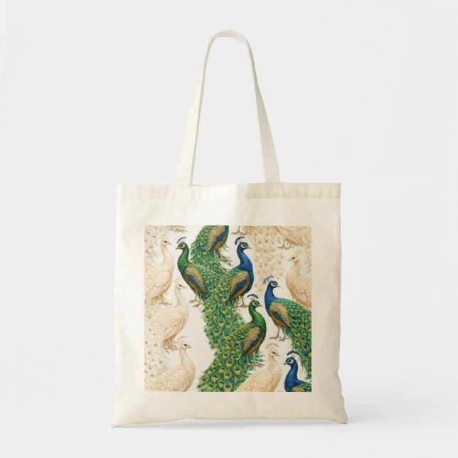 Elegant Blue and White Peacock Pattern Tote Bag (Front)