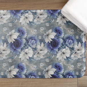 Elegant Blue and White Roses and Lilies Bath Mat