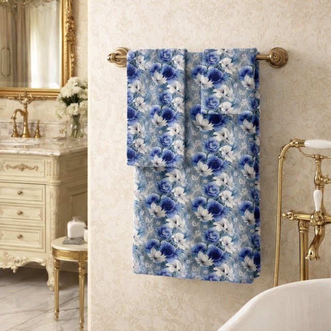 Elegant Blue and White Roses and Lilies  Bath Towel Set (Creator Uploaded)