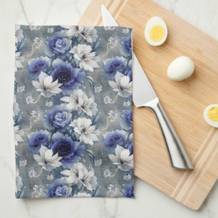 Elegant Blue and White Roses and Lilies Kitchen Towel